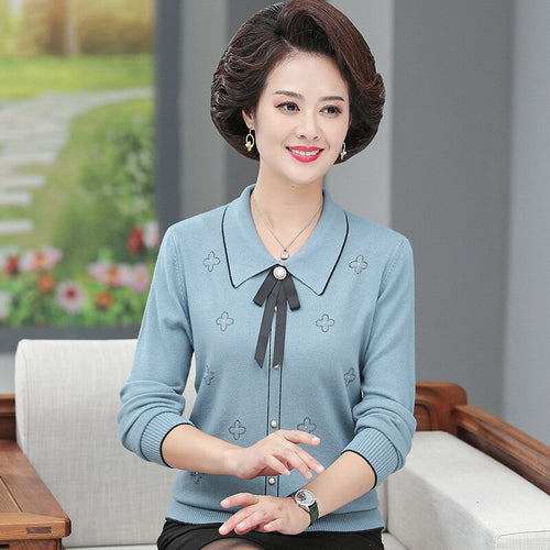 Young Mother Spring And Autumn Fashion Middle-Aged Women'S Knitted Thin Lapel Long Sleeve Printed Sweater