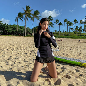 Zipper 3 Pieces Swimsuit Long Sleeve Rashguards Boyshort Summer Swimming Surfing Suit Push Up Padded Swimwear With Boyshort