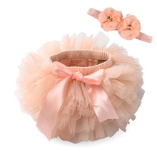 Load image into Gallery viewer, baby girls tulle bloomers Infant newborn tutu diapers cover 2pcs short skirts and flower headband Baby party photograph clothes