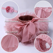 Load image into Gallery viewer, baby girls tulle bloomers Infant newborn tutu diapers cover 2pcs short skirts and flower headband Baby party photograph clothes