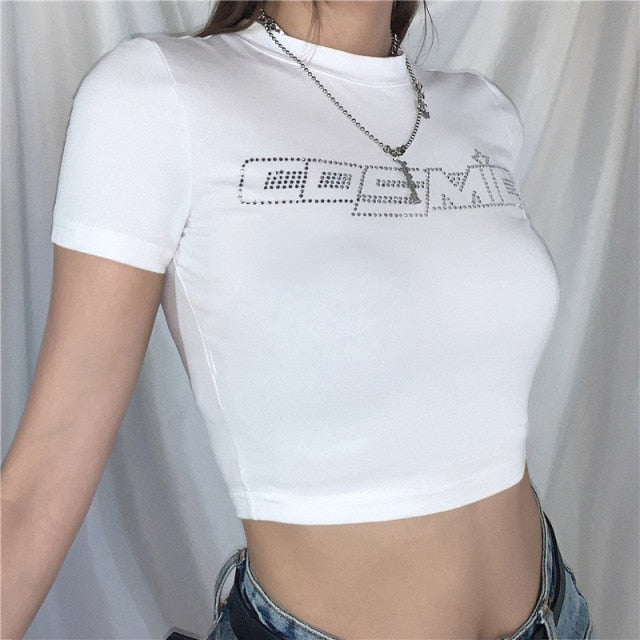 black Letter Rhinestone cotton T Shirts women summer Navel Bare Cropped Streetwear Fashion Top Tee Slim Fit Short T-shirt