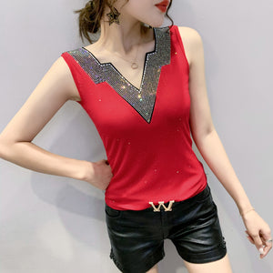 camisetas mujer new 2020 Summer sleeveless V-neck hot drill T-Shirt Fashion Casual Lace hollow out Korean mesh shirt