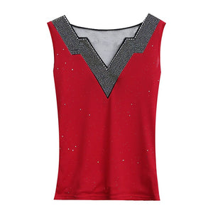 camisetas mujer new 2020 Summer sleeveless V-neck hot drill T-Shirt Fashion Casual Lace hollow out Korean mesh shirt