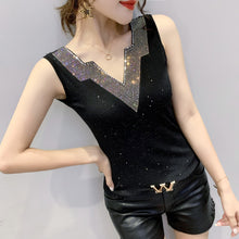 Load image into Gallery viewer, camisetas mujer new 2020 Summer sleeveless V-neck hot drill T-Shirt Fashion Casual Lace hollow out Korean mesh shirt