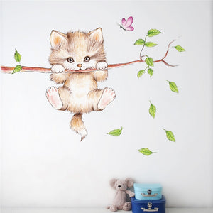 cute cat butterfly tree branch wall stickers for kids rooms home decoration cartoon animal wall decals diy posters pvc mural art