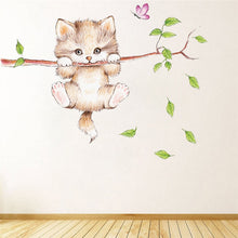 Load image into Gallery viewer, cute cat butterfly tree branch wall stickers for kids rooms home decoration cartoon animal wall decals diy posters pvc mural art