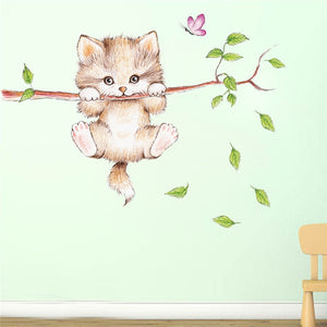 cute cat butterfly tree branch wall stickers for kids rooms home decoration cartoon animal wall decals diy posters pvc mural art