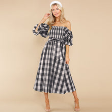 Load image into Gallery viewer, dresses for women 2022 Summer slim Slash-neck strapless plaid print beach dress Sexy bow midi female dress