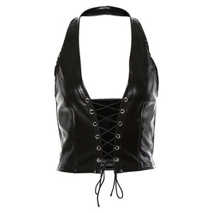 fashion punk black leather hollwo crop tops womens camisole 2021 summer fashion stretch tees Slim Soft leather tank tops