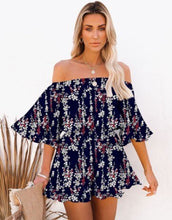 Load image into Gallery viewer, hirigin 2021 New Women Boat Neck Playsuit Solid Color Floral Printed Pattern Short Sleeve Dress Sets Soft Women&#39;s Clothing
