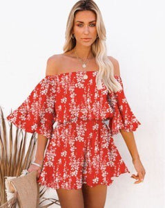 hirigin 2021 New Women Boat Neck Playsuit Solid Color Floral Printed Pattern Short Sleeve Dress Sets Soft Women's Clothing
