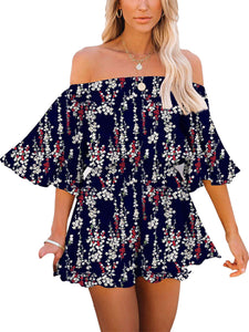 hirigin 2021 New Women Boat Neck Playsuit Solid Color Floral Printed Pattern Short Sleeve Dress Sets Soft Women's Clothing