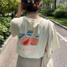 Load image into Gallery viewer, ins Japanese back watercolor peach print short-sleeved T-shirt female summer fresh and sweet girl loose wild round neck top