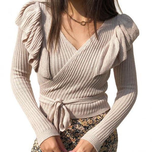korean Fashion Autumn Winter Vintage Sweaters women Slim Knit Sweater Long-Sleeved Ruffles Sexy V-neck Women's Sweater Pullovers