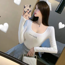 Load image into Gallery viewer, letter print short crop top long sleeve slim fit top women big round neck T-shirt black white
