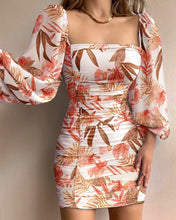 Load image into Gallery viewer, mini dress women&#39;s Floral Print Lantern Sleeve Ruched Bodycon Dress 2021 autumn sheath dress