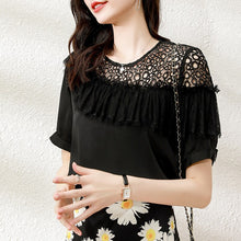 Load image into Gallery viewer, new 2021 summer chiffon shirt women&#39;s short sleeve fashion foreign style off shoulder temperament black lace shirt