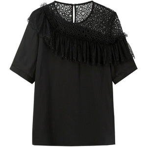 new 2021 summer chiffon shirt women's short sleeve fashion foreign style off shoulder temperament black lace shirt
