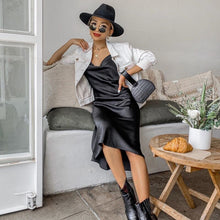 Load image into Gallery viewer, new 2021 women&#39;s spaghetti strap evening dress ladies slim one-step sexy split neck suspender dress summer