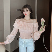 Load image into Gallery viewer, new Word shoulder Blouses fashion Women&#39;s Clothing 2021 Early autumn Short paragraph chiffon pleats Ruffle Chiffon shirt women