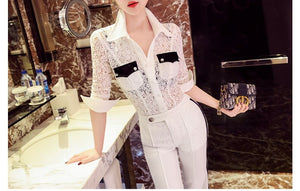 new summer and autumn office lady Fashion casual sexy brand female women girls long sleeve Hollow out shirt pants suits sets