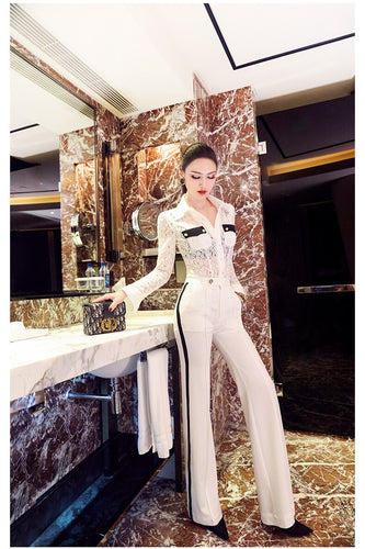 new summer and autumn office lady Fashion casual sexy brand female women girls long sleeve Hollow out shirt pants suits sets