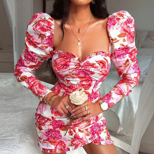 print dressElegant Floral Print Bodycon Short Dress for Women Puff Long Sleeve Wrap Skinny Party Mini Dresses Ladies 2021 Autumn