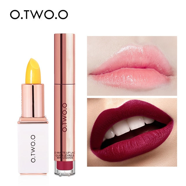 O.TWO.O 2pcs/set Lip Tint + Lip Balm Lipstick Moisturizing Matte Velvet Lips Makeup Lasting Waterproof Lip Gloss Cosmetics Kit