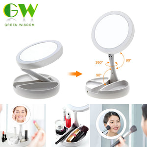 LED Lighted Folding Makeup Mirror 1X10X Magnifying Rechargeable HD Cosmetic Mirrors Table Round Shape Double-sided Vanity Mirror