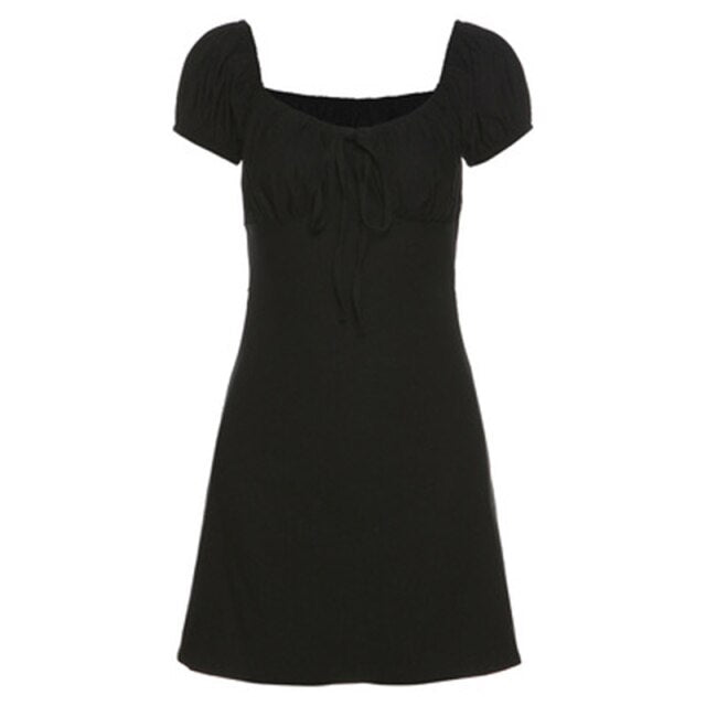 puff sleeve sexy low collar slim black dresses woman elegant simple high street female fashion party club mini dress