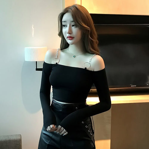 sexy fashion brand spring autumn new Women's Clothing long sleeve crop tops slash neck high quality off shoulder t-shirts modis
