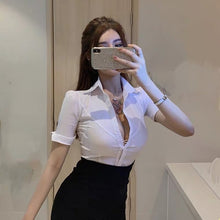 Load image into Gallery viewer, shirts for women crop v neck top white t shirt korean fashion womens tops and blouses 2021 fashion women button up shirt