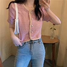 Load image into Gallery viewer, single breasted Pearls Button Luxury Crop Top Short coat Korean Short Sleeve Summer clothes Ladies Vintage Cropped Blusas jacket