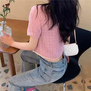 single breasted Pearls Button Luxury Crop Top Short coat Korean Short Sleeve Summer clothes Ladies Vintage Cropped Blusas jacket