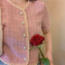 Load image into Gallery viewer, single breasted Pearls Button Luxury Crop Top Short coat Korean Short Sleeve Summer clothes Ladies Vintage Cropped Blusas jacket