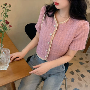 single breasted Pearls Button Luxury Crop Top Short coat Korean Short Sleeve Summer clothes Ladies Vintage Cropped Blusas jacket