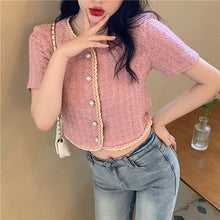 Load image into Gallery viewer, single breasted Pearls Button Luxury Crop Top Short coat Korean Short Sleeve Summer clothes Ladies Vintage Cropped Blusas jacket