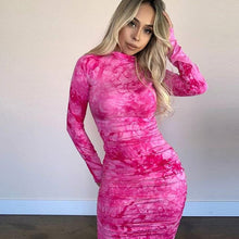 Load image into Gallery viewer, spring new high quality print turtleneck bodycon midi dress woman 2020 casual high street pleated slim zipper dress mujer