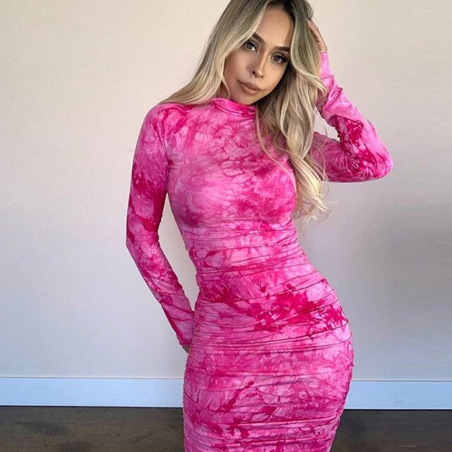 spring new high quality print turtleneck bodycon midi dress woman 2020 casual high street pleated slim zipper dress mujer