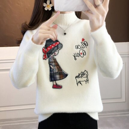 sweater women's loose outer wear half high collar embroidered foreign style sweater gold mink coat is popular this year
