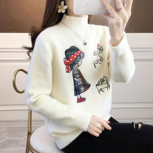 sweater women's loose outer wear half high collar embroidered foreign style sweater gold mink coat is popular this year