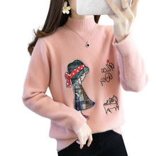 Load image into Gallery viewer, sweater women&#39;s loose outer wear half high collar embroidered foreign style sweater gold mink coat is popular this year