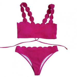 swimwear women high waist Summer Women Scalloped Edge Solid Color Bandeau Wireless Bra Briefs Bikini Set Bathing Suit Swimwear