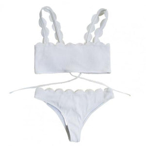 swimwear women high waist Summer Women Scalloped Edge Solid Color Bandeau Wireless Bra Briefs Bikini Set Bathing Suit Swimwear