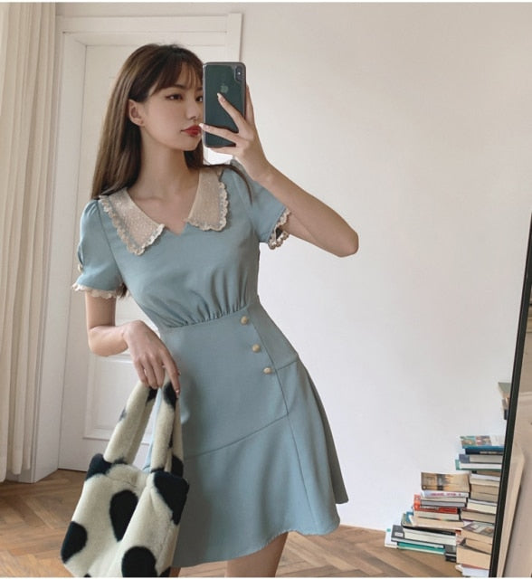 vintage summer solid dresses women elegant  kawaii korean patchwork sweet dress female casual holiday short sleeve dress 2021