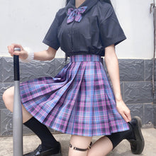Load image into Gallery viewer, women purple black gothic  pleated plaid skirt summer high waist korea harajuku japanese cute sexy mini a-line skirts cosplay