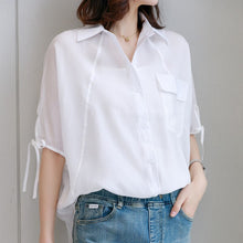 Load image into Gallery viewer, women&#39;s White shirt summer wear 2021 new Korean loose short sleeve top with bow Square Collar Chiffon shirt